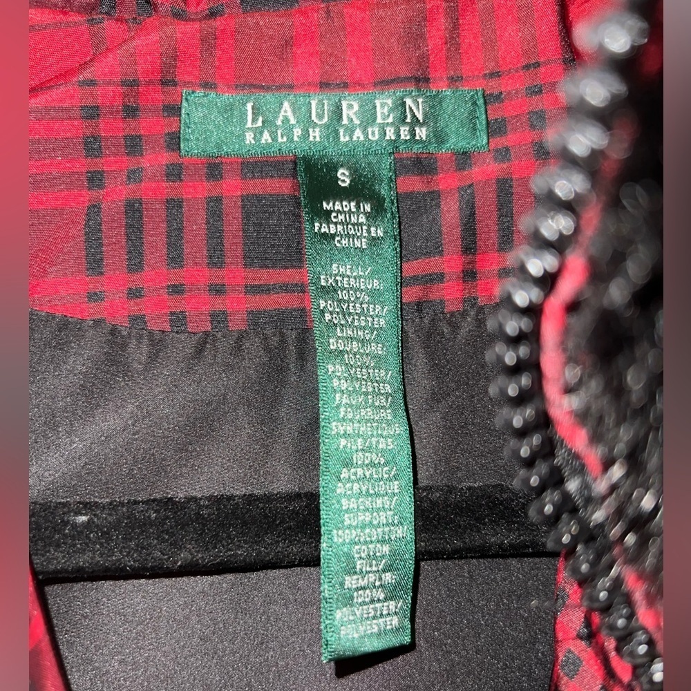 Lauren Ralph Lauren Plaid Down Puffer Vest Red Black faux Fur Collar Size Small - Picture 2 of 5